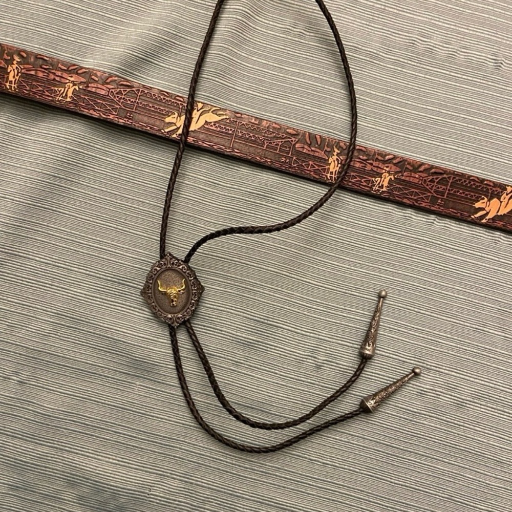 Western Bolo Tie with Silver Tips, Belt & Buckle